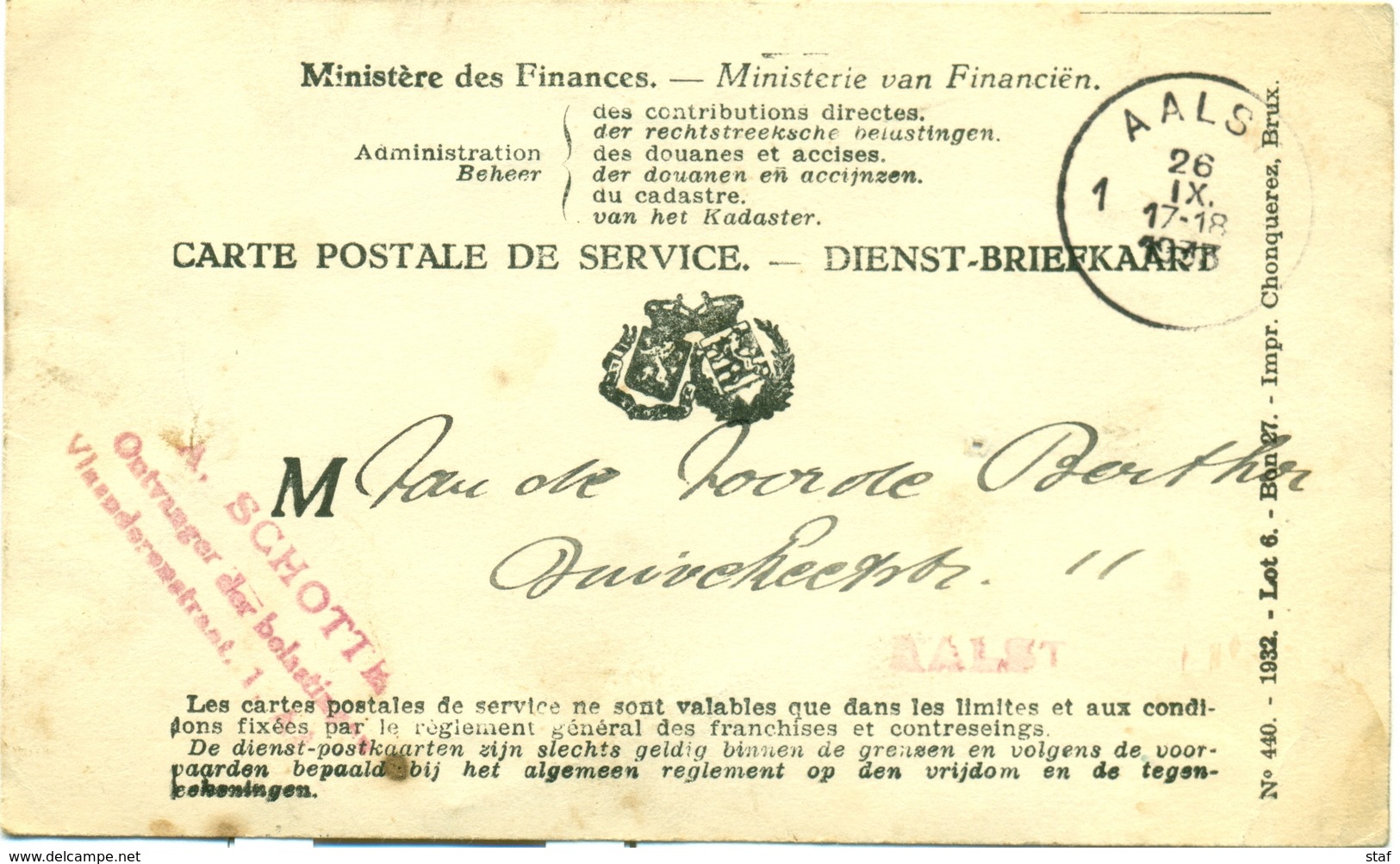 Dienst-Briefkaart Ministerie Van Financiën - Ontvanger Der Belastingen Aalst 1933 Voor Taks Op Biljart - Documents Historiques