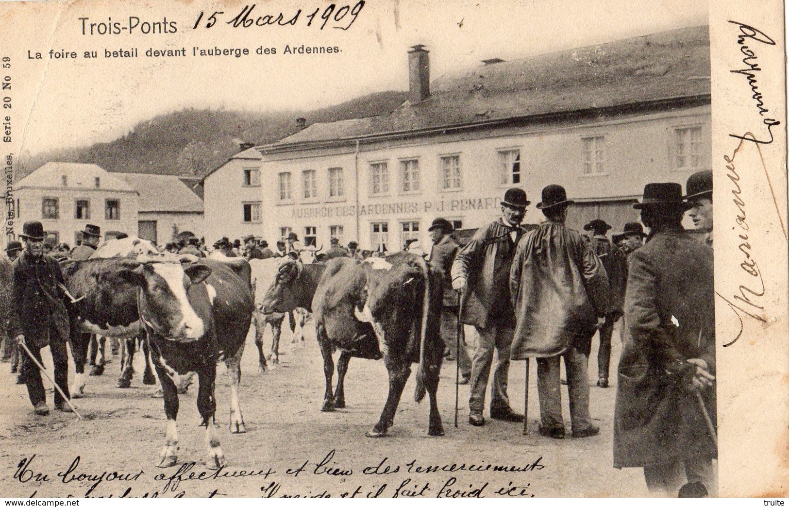 TROIS-PONTS LA FOIRE AU BETAIL DEVANT L'AUBERGE DES ARDENNES  (CARTE PRECURSEUR ) - Trois-Ponts