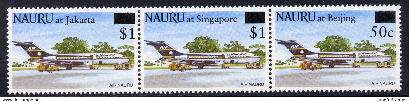 Nauru 1995 Stamp Exhibitions Surcharged Strip Of 3 U/m SG 438-40 AVIATION - Micronesia