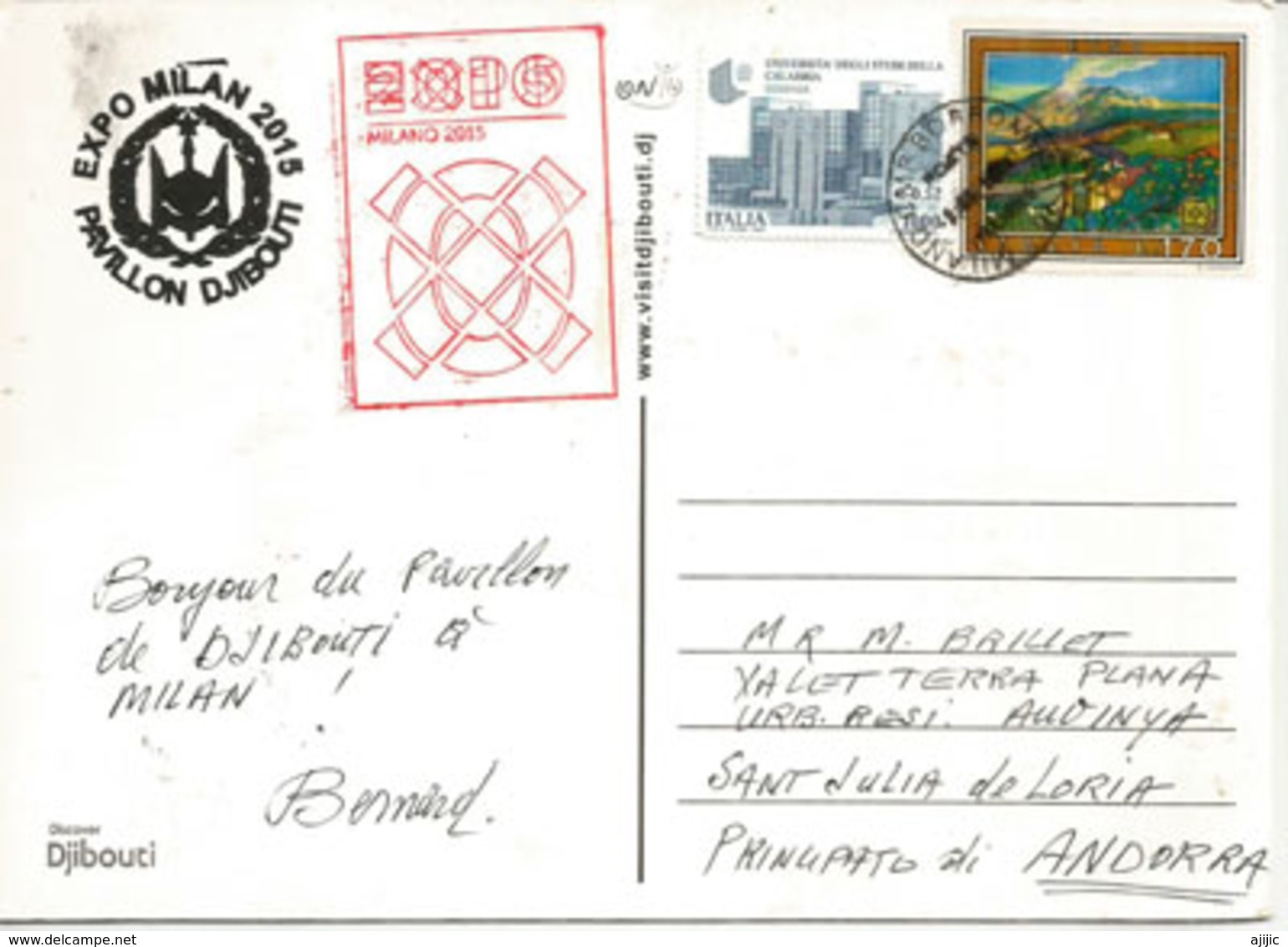 DJIBOUTI . EXPO UNIVERSELLE MILAN 2015, Carte Du Pavillon DJIBOUTI (Gibuti), Adressée Andorra.  RARE - Djibouti (1977-...)