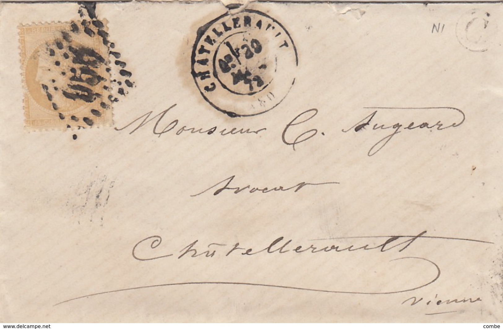 LETTRE 20 MARS 72. N° 59 15c. VIENNE CHATELLERAULT. GC 955. BOITE RURALE C.  POUR EN VILLE - 1849-1876: Klassik