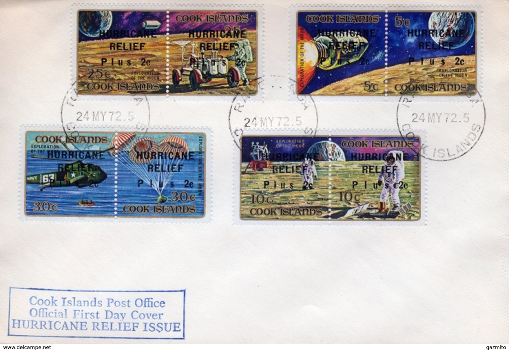 Cook 1972, Space, Apollo, Overp. Hurricane Relief, 8val In FDC - Oceania
