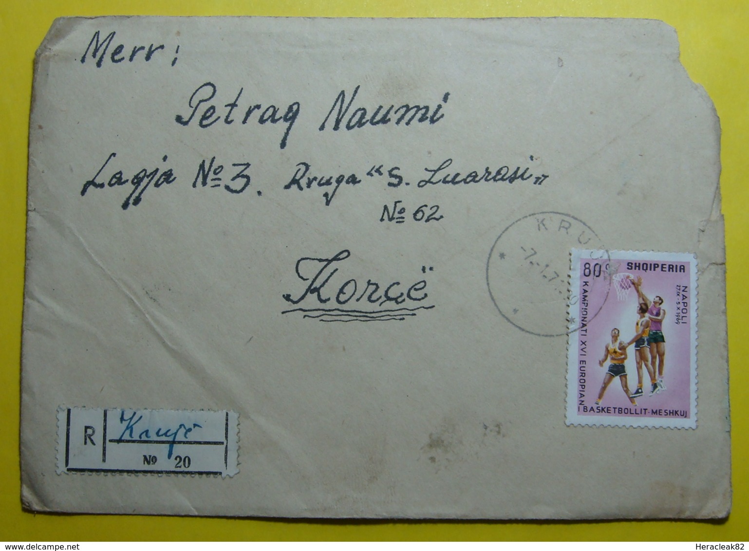 1971 ALBANIA Registered Cover Sent From Kruja To Korca, Stamp: 16'th European Basket Cham 80q, Seal: Kruja & Korca, RARE - Albanie