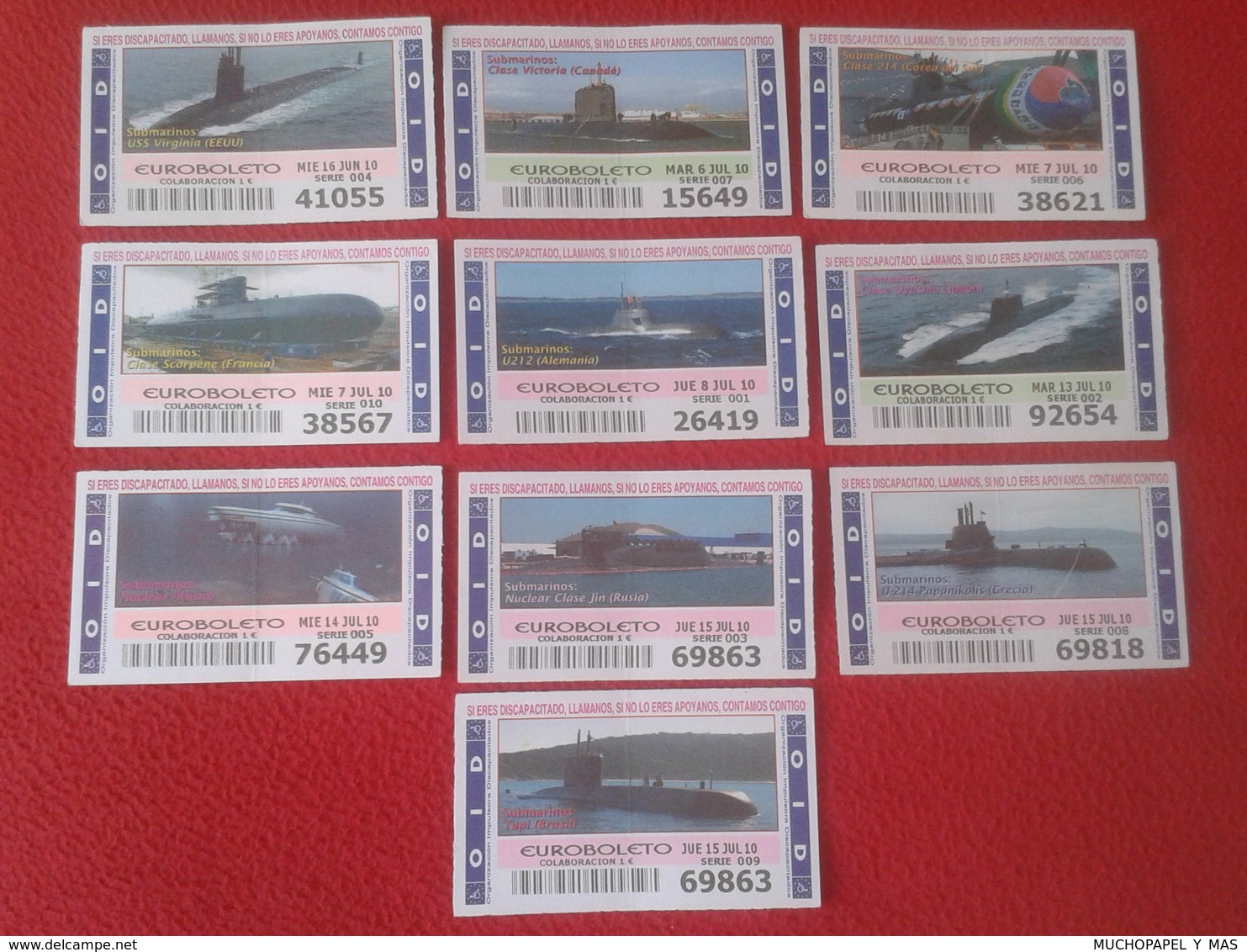 SPANISH LOTTERY SPAIN LOTERÍA OID LOTE COLECCIÓN DE 10 CUPONES SUBMARINO SUBMARINE SOUS-MARIN SUBMARINES RUSSIA USA..ETC - Billetes De Lotería