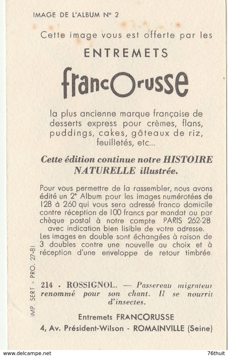 Entremets FRANCORUSSE - Album N° 2 - Image N° 214  - ROSSIGNOL - Other & Unclassified