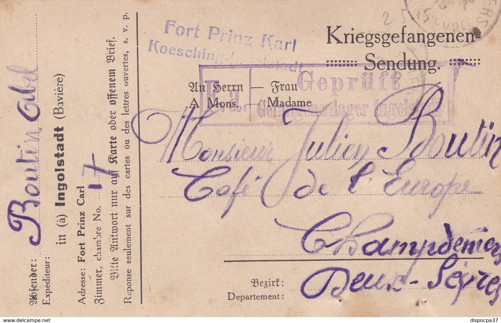 CARTE-LETTRE PRISONNIERS DE GUERRE - CAMP DU FORT PRINTZ CARL à INGOLSTADT -BAVIERE - WW I