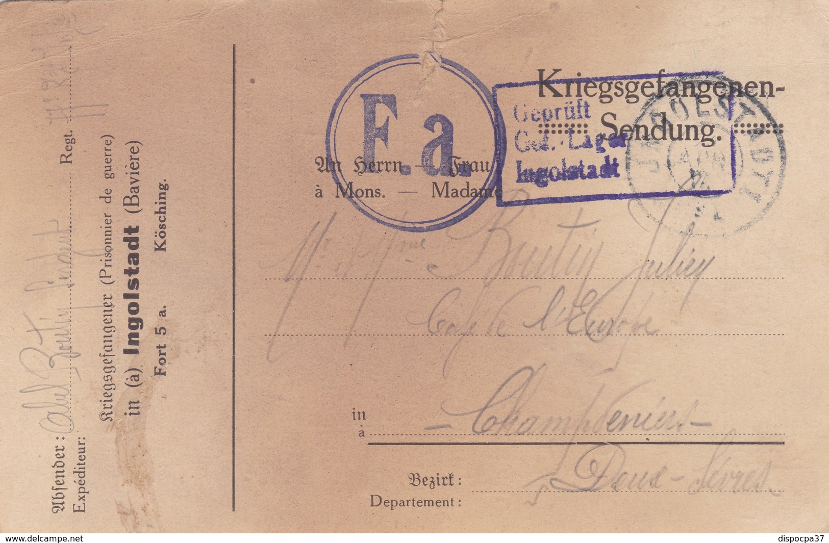 CARTE-LETTRE PRISONNIERS DE GUERRE - CAMP DU FORT PRINTZ CARL à INGOLSTADT -BAVIERE - WW I