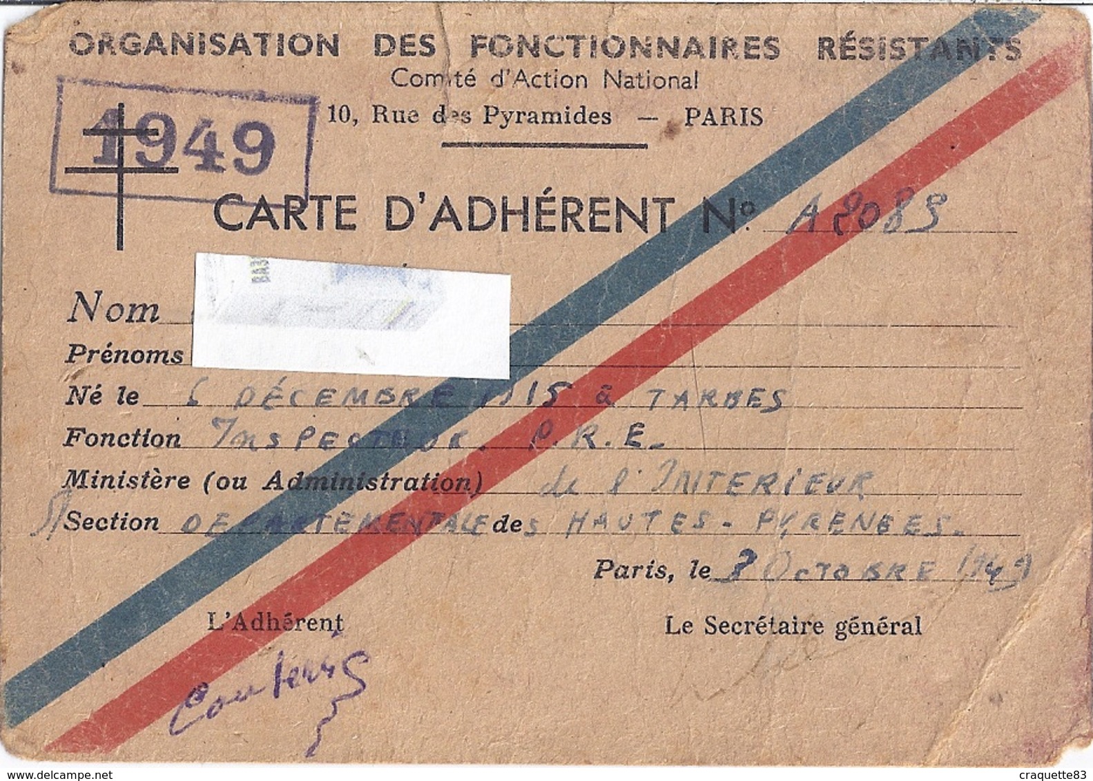 ORGANISATION DES FONCTIONNAIRES RESISTANTS -1949- Carte N°A2089  HAUTES PYRENEES PARIS - Autres & Non Classés