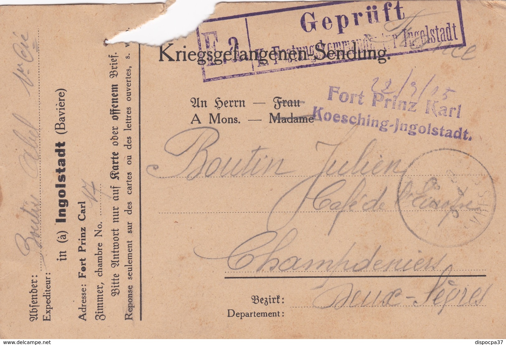 CARTE-LETTRE PRISONNIERS DE GUERRE - CAMP DU FORT PRINTZ CARL à INGOLSTADT -BAVIERE - WW I