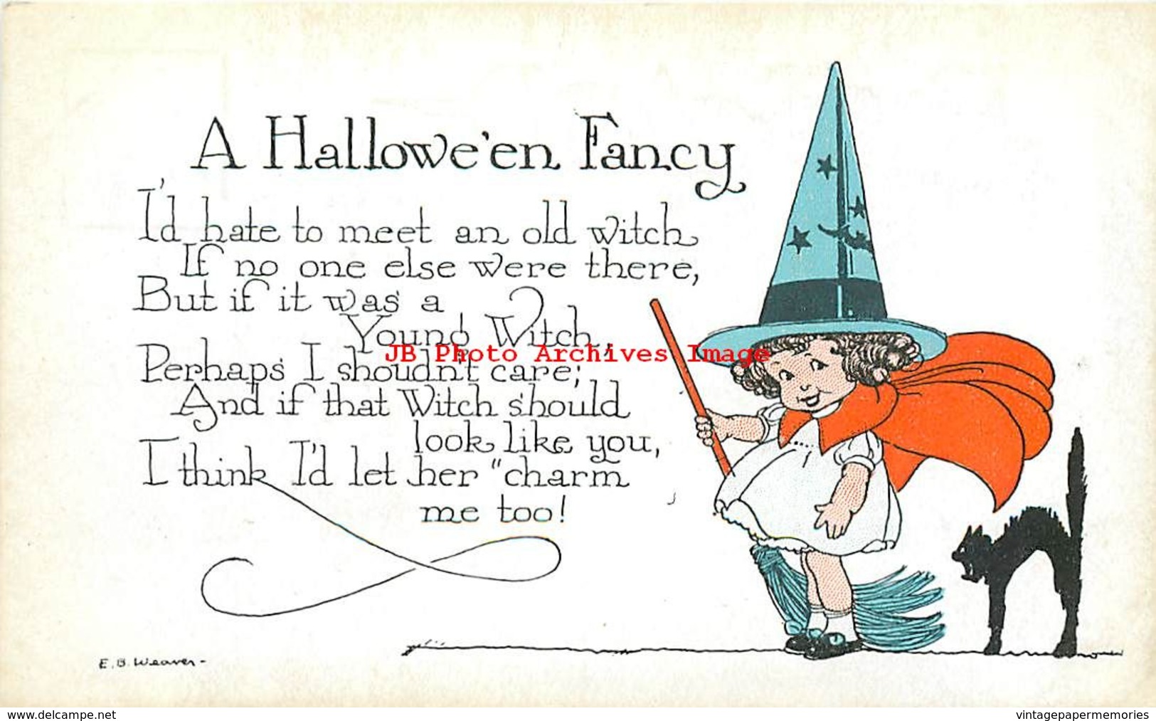 282169-Halloween, Auburn No 2335-8, Artist EB Weaver, Young Girl Witch With Black Cat - Halloween