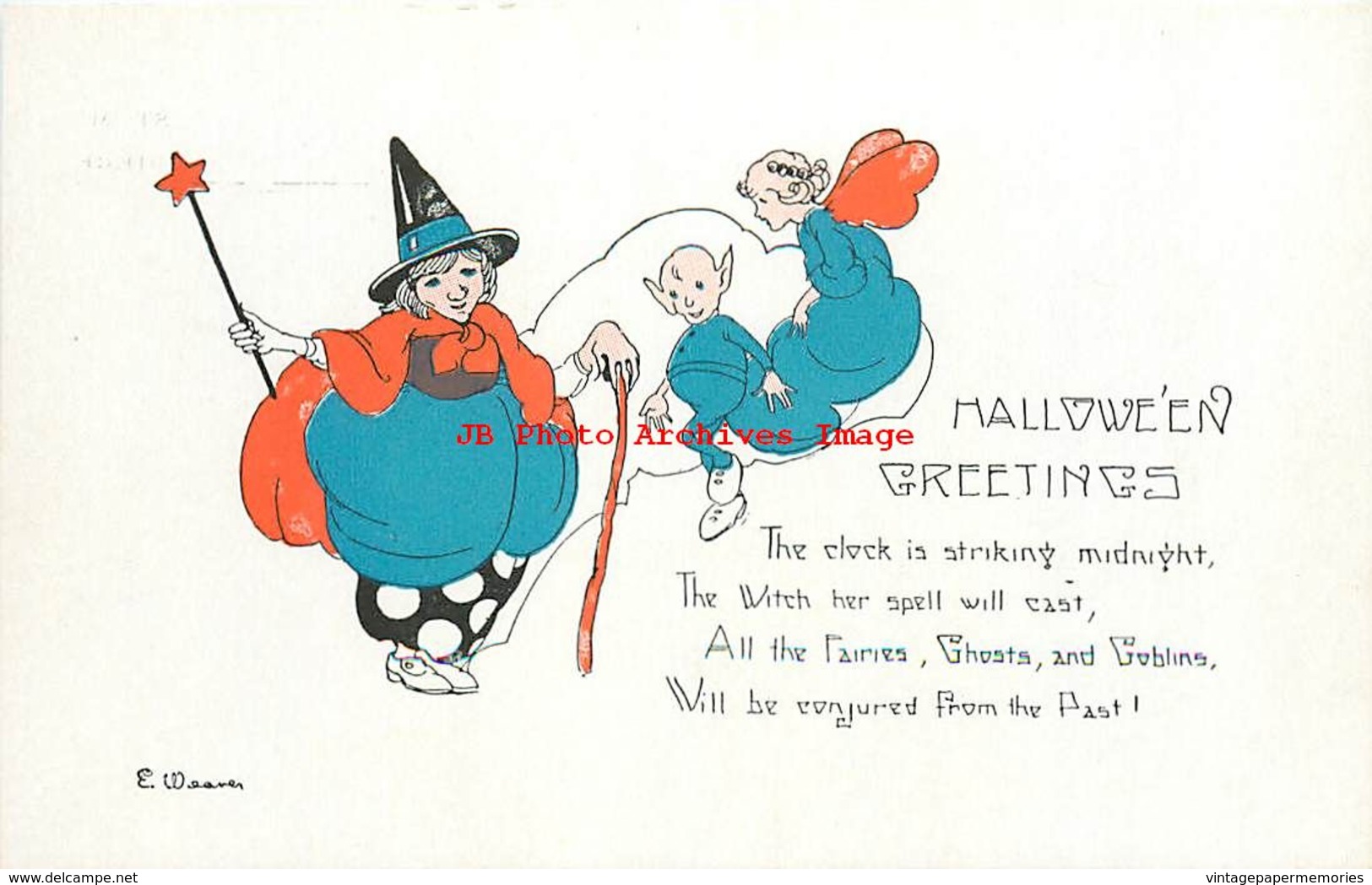 282171-Halloween, Auburn No 2399-2, Artist EB Weaver, Witch With Goblin & Fairy - Halloween