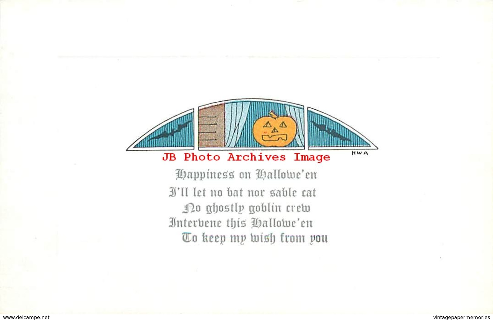 282205-Halloween, Auburn No 2500-1, Artist HWA, Jack O Lantern & Bats In Window - Halloween