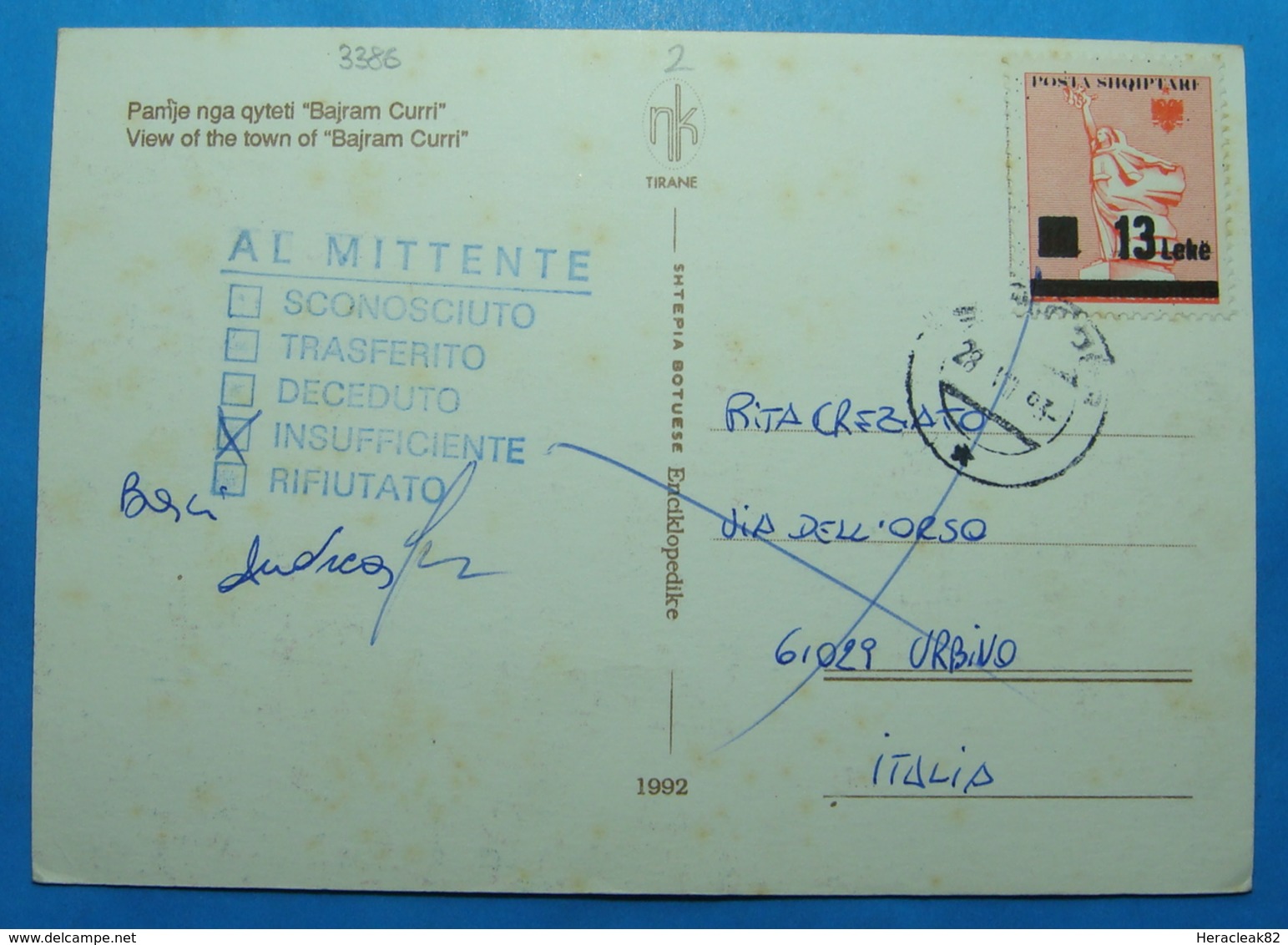 1993 ALBANIA Postcard BAJRAM CURRI Sent From Shkoder To URBINO Italia, Returrned, ADRESSE INSUFFICIENTE RARE - Albania