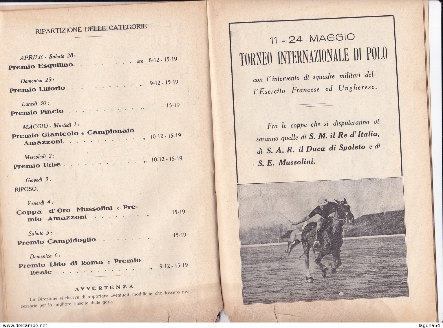 IX CONCORSO IPPICO INTERNAZIONALE ROMA PIAZZA DI SIENA 1934 PROGRAMMA  - TORNEO POLO - Programmi