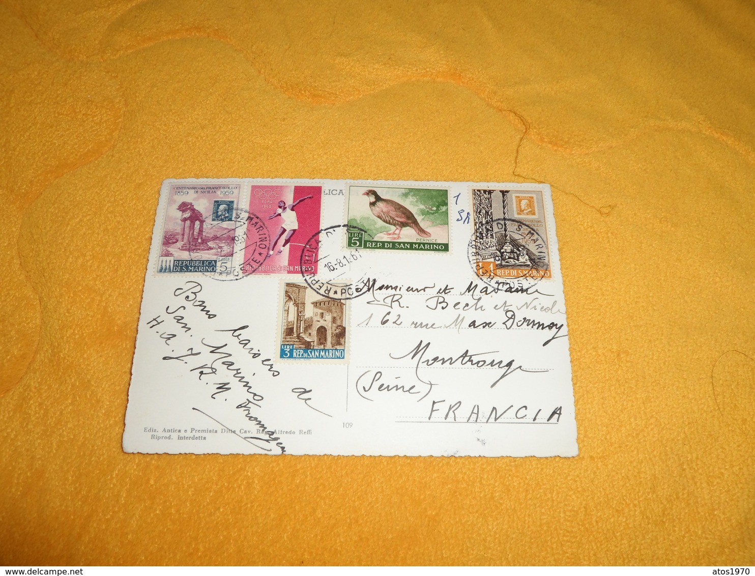 CARTE POSTALE DE 1961 AVEC 5 TIMBRES REP. SAN MARINO + CACHETS.. - Oblitérés