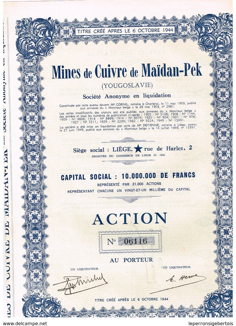 Ancienne Action - Mines De Cuivre De Maïdan-Pek - Yougoslavie -Titre De 1949 N° 06115 - Miniere