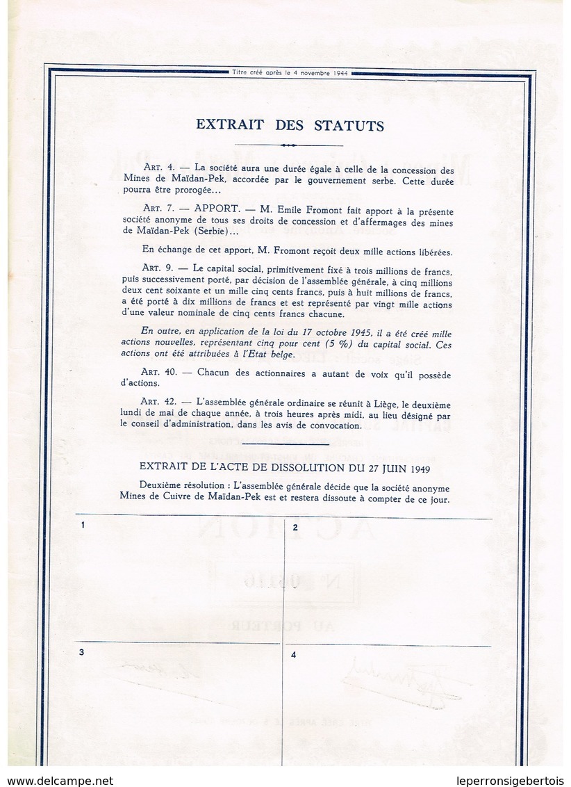 Ancienne Action - Mines De Cuivre De Maïdan-Pek - Yougoslavie -Titre De 1949 N° 06115 - Miniere