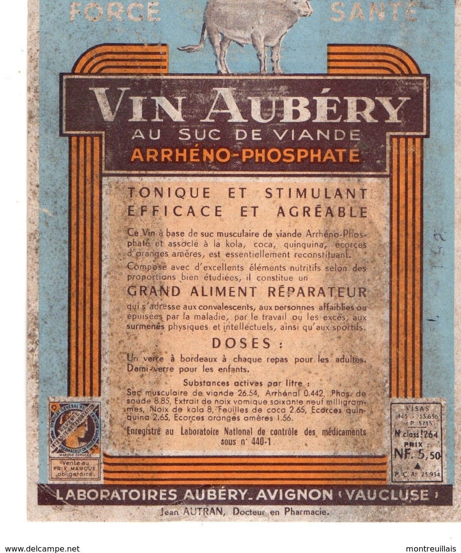 Etiquette Vin AUBERY Au Suc De Viande, AVIGNON, Laboratoire, état Médiocre - Supplies And Equipment