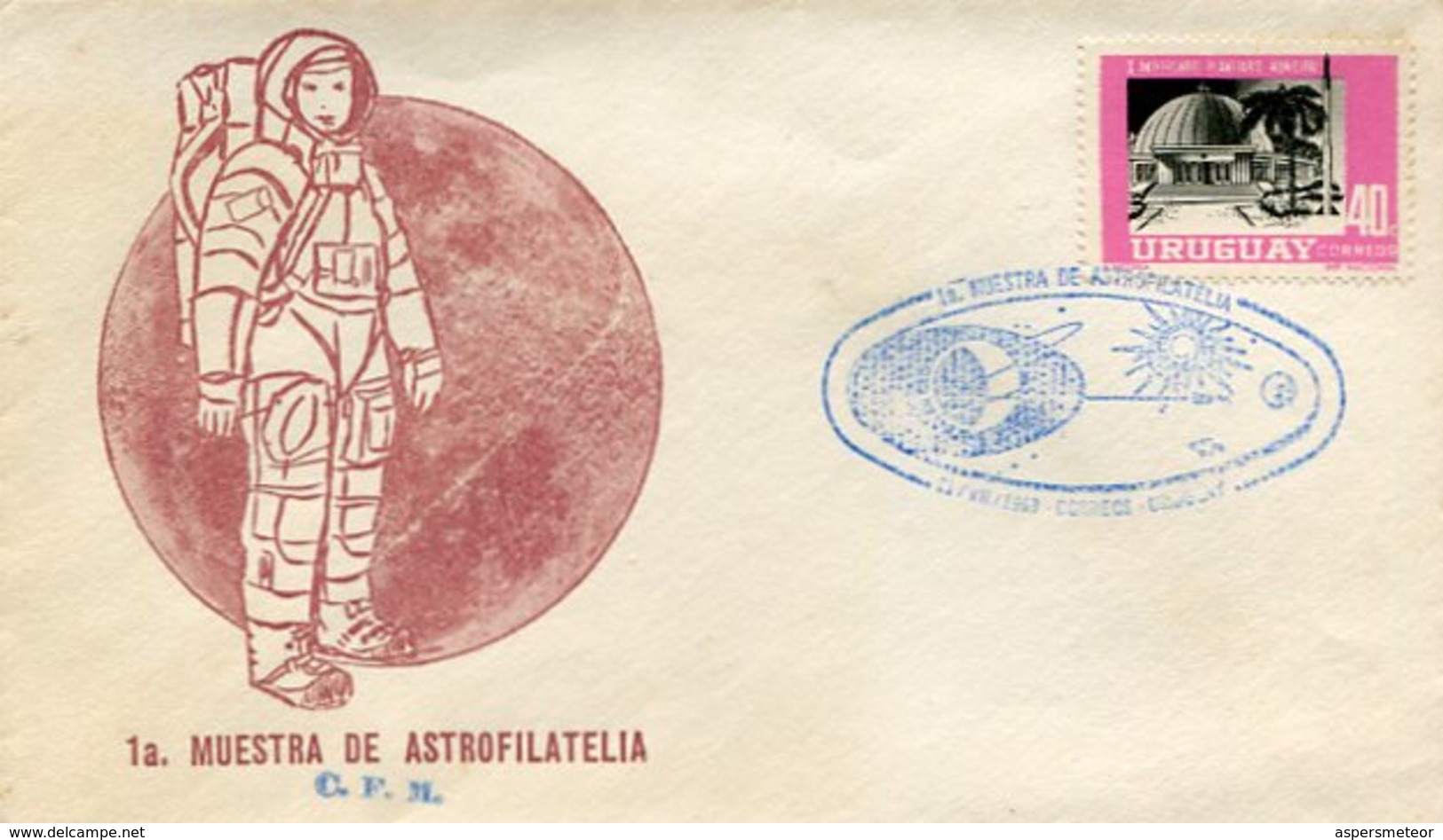 MATASELLOS PRIMERA MUESTRA DE ASTROFILATELIA 1969 CORREOS DEL URUGUAY SOBRE SPC - LILHU - Uruguay