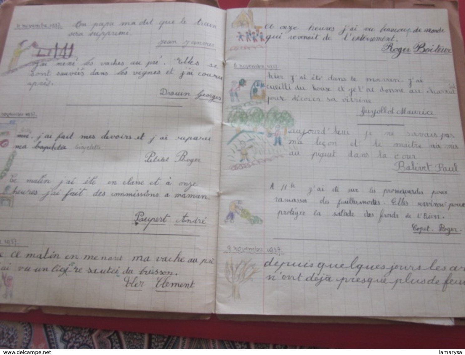 1937 CAHIER ÉCOLE"JOURNAL DE CLASSE+PROTÈGE CAHIER+BUVARD ECRIT PORTE PLUME ENCRE PAR TOUS LES ÉLÈVES  ILLUSTRÉ DESSINS