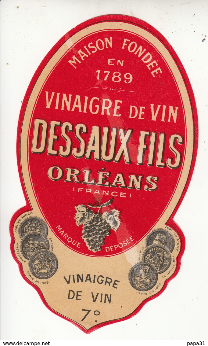 Etiquette  VINAIGRE De VIN  DESSAUX FILS  ORLEANS - Autres & Non Classés