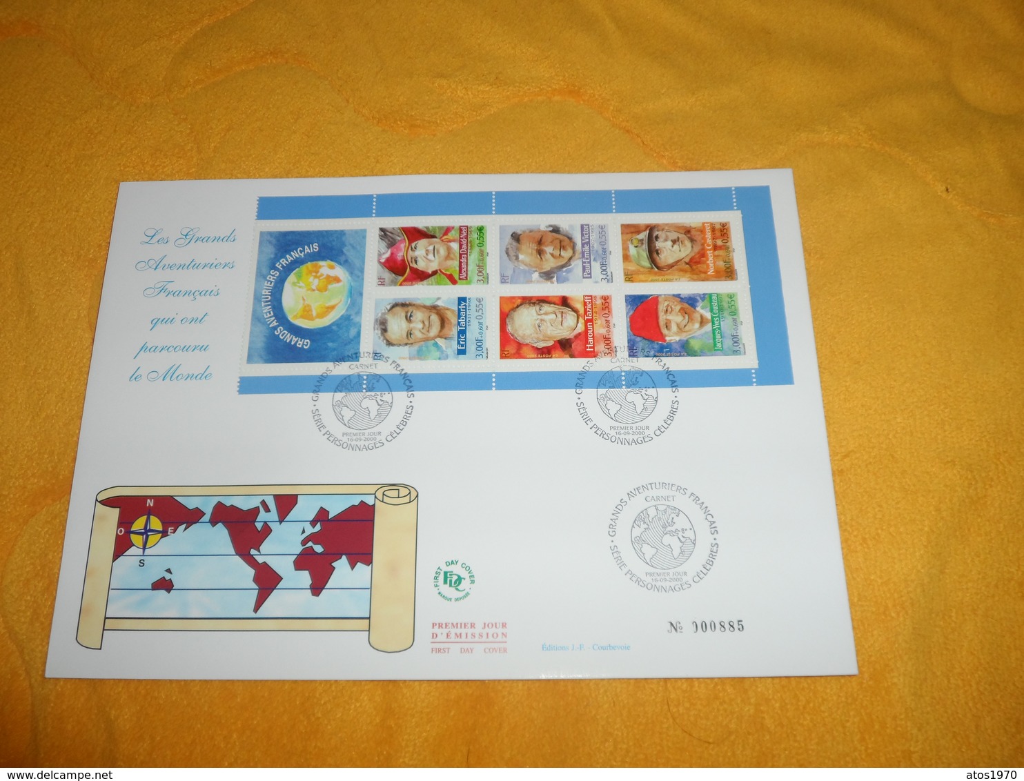 GRANDE ENVELOPPE FDC FIRST DAY COVER DE 2000. / LES GRANDS AVENTURIERS FRANCAIS. N°000885. / CACHETS + TIMBRES.. - 2000-2009