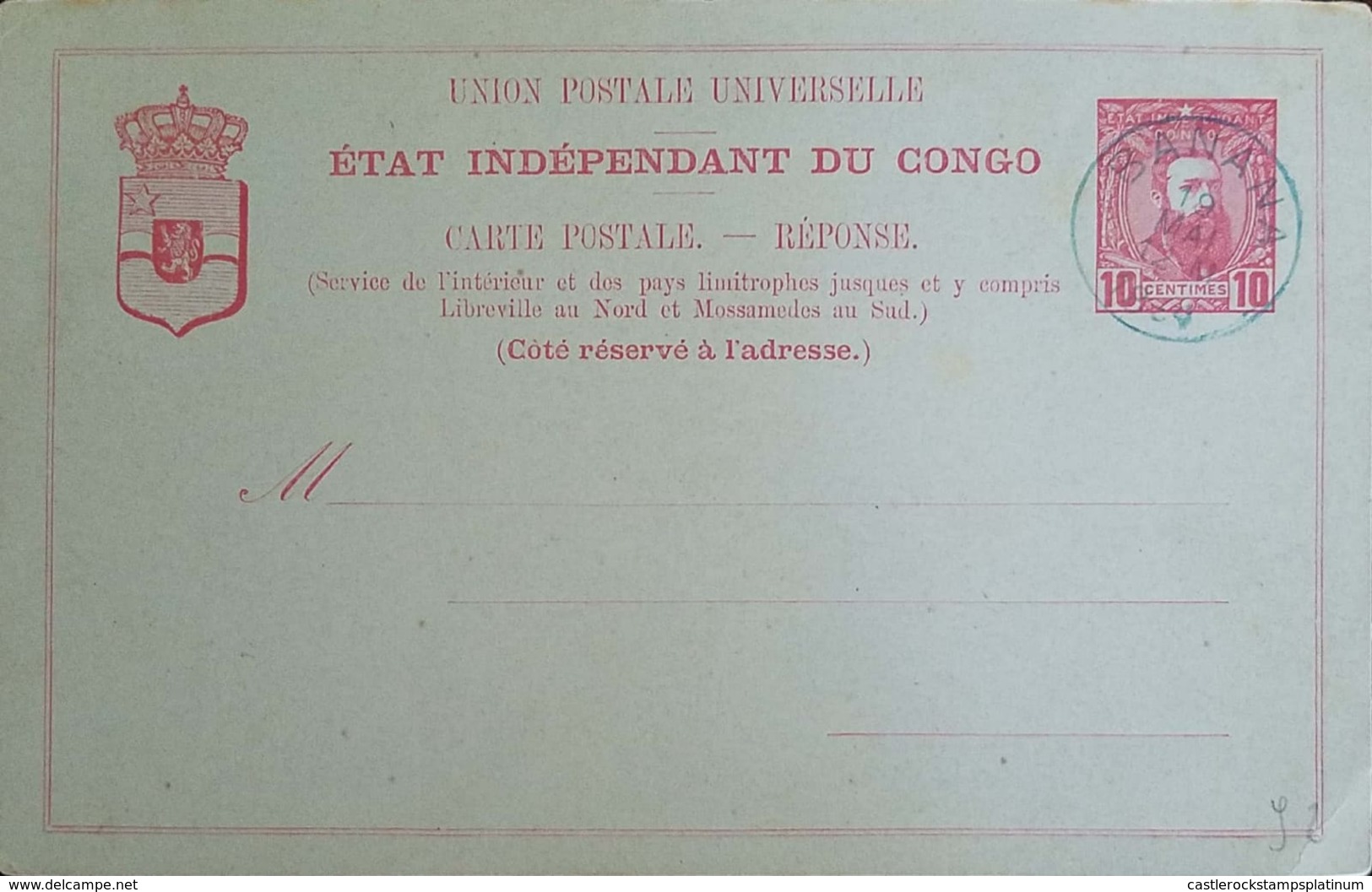 L) 1912 CONGO, KING LEOPOLD II, 10C, RED, UPU, POSTCARD - Otros & Sin Clasificación