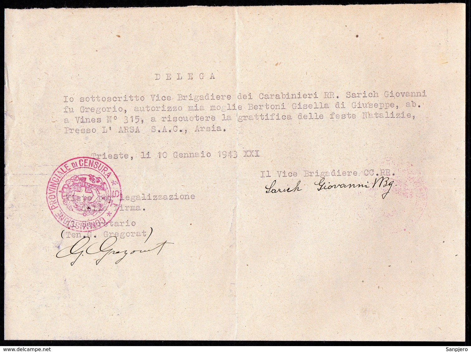 ITALY ITALIA TRIESTE VINES 1943., COMMISSIONE PROVINCIALE DI CENSURA - Documents Historiques