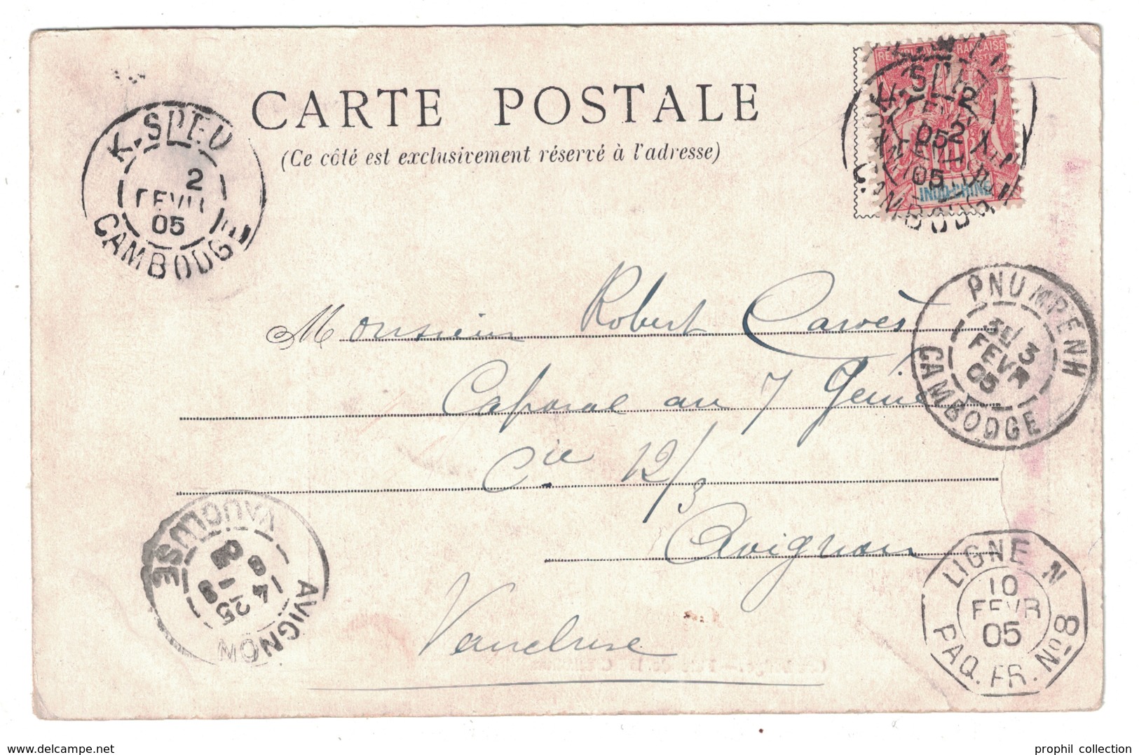 1905 - CARTE POSTALE Avec CACHET MARITIME " LIGNE N / PAQUEBOT PAQ. FR. N° 8 " Sur CP SAIGON PNOM PENH - 1877-1920: Période Semi Moderne