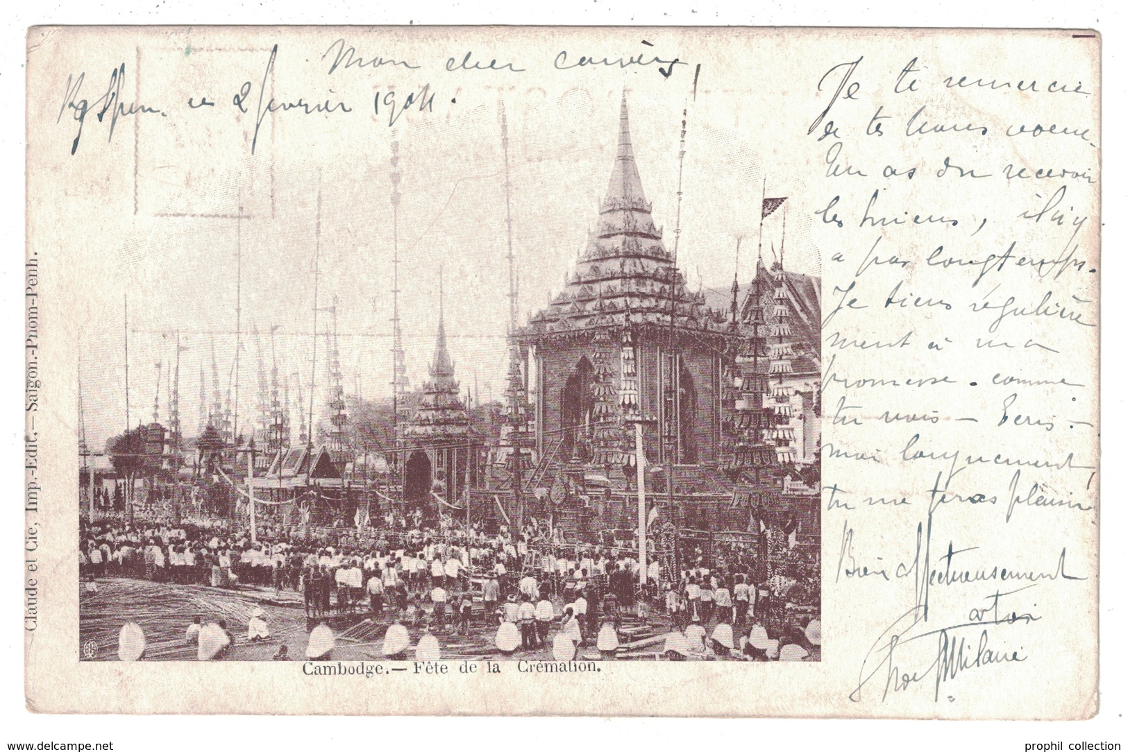 1905 - CARTE POSTALE Avec CACHET MARITIME " LIGNE N / PAQUEBOT PAQ. FR. N° 8 " Sur CP SAIGON PNOM PENH - 1877-1920: Période Semi Moderne