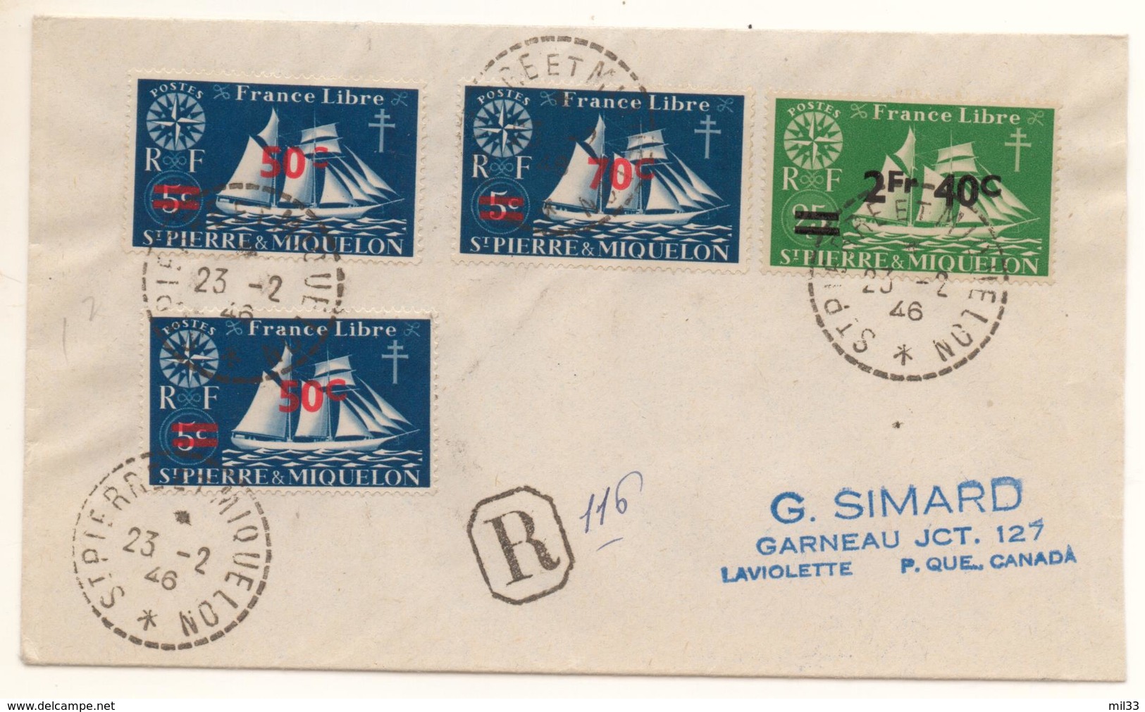 Lettre Recommandée Pour Le Canada 1946 Avec 4 Timbres Surchargés Cote 80 € - Lettres & Documents