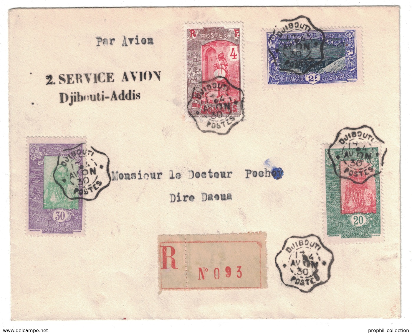 1930 - LETTRE RECOMMANDÉE Avec GRIFFE " 2. SERVICE AVION DJIBOUTI ADDIS " POSTE AERIENNE CAD TÉLÉGRAPHE COTE DES SOMALIS - Lettres & Documents