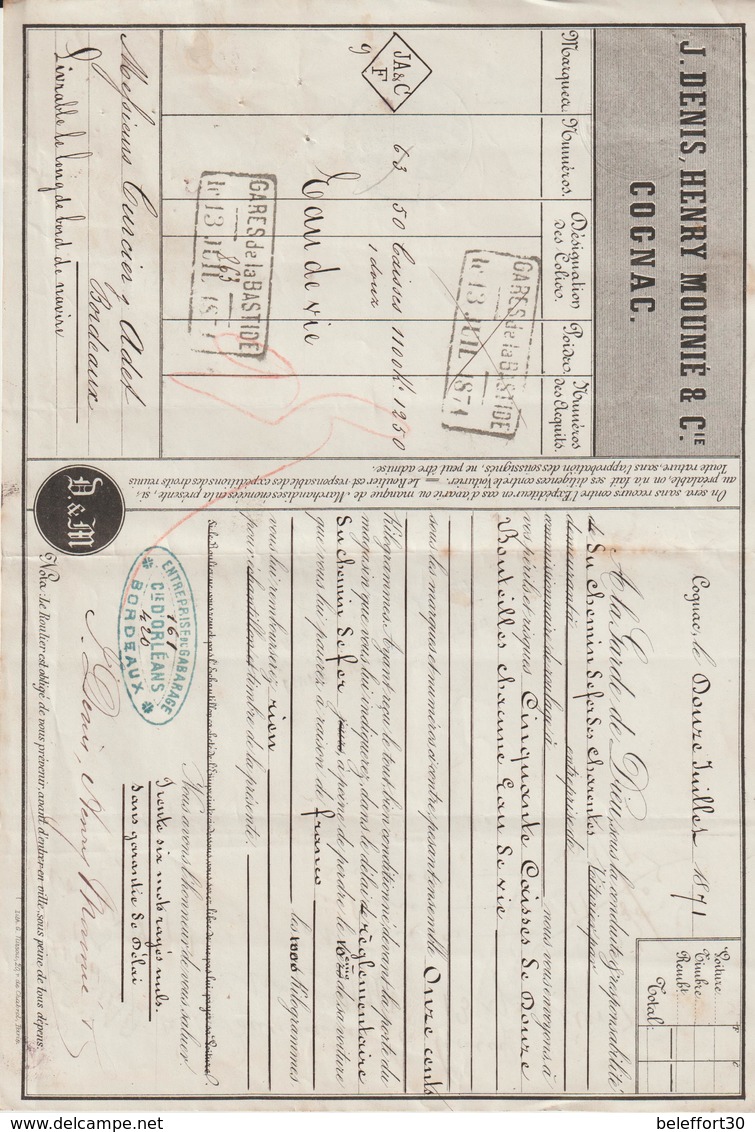 Lettre De Voiture J. Denis Henry Mounié & Cie, Cognac, Eau De Vie -> Bordeaux 1871 - 1800 – 1899
