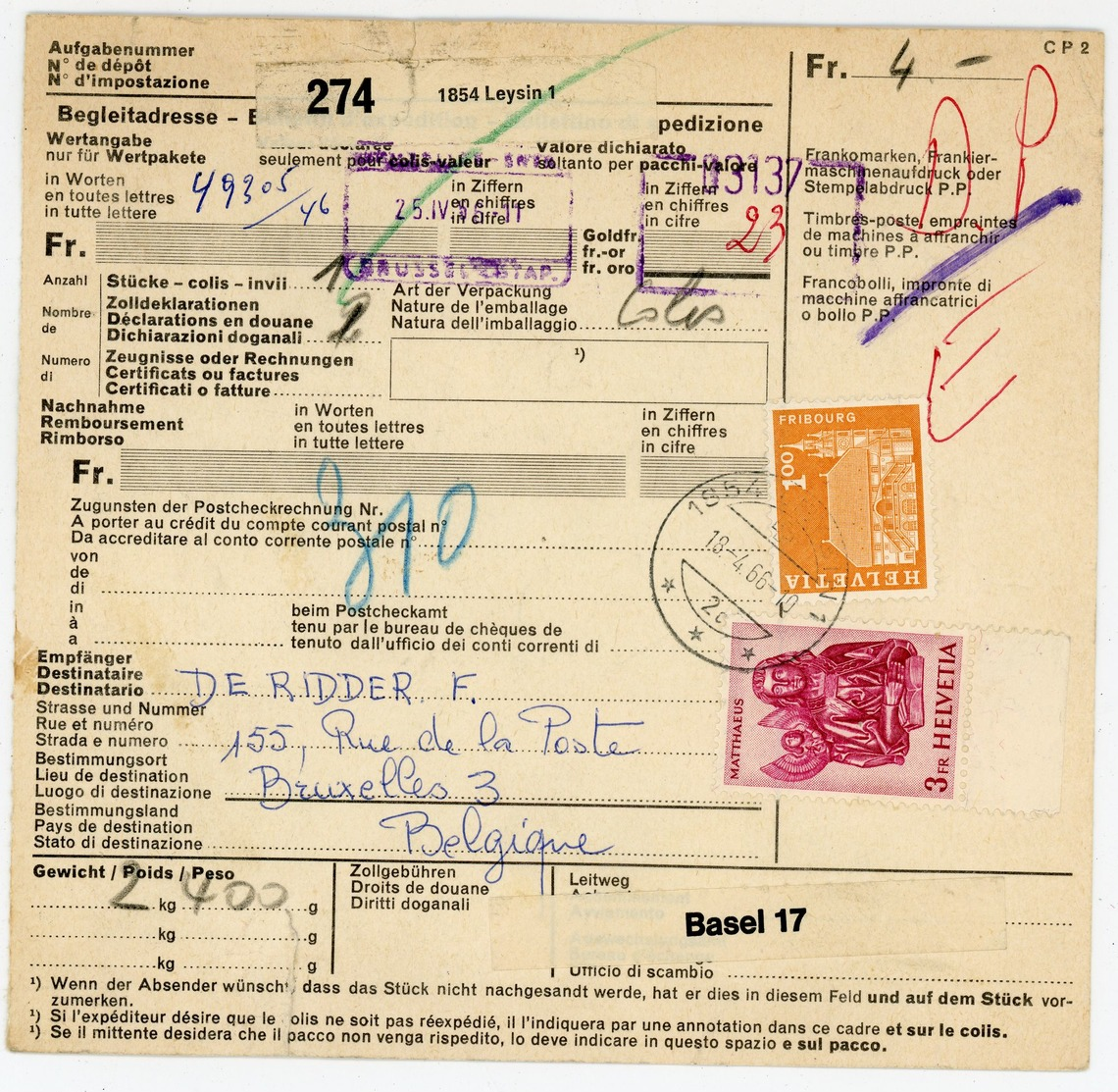 Auslands Packetkarte Nach Belgien 1966 - 4 Franken Frankatur - Briefe U. Dokumente
