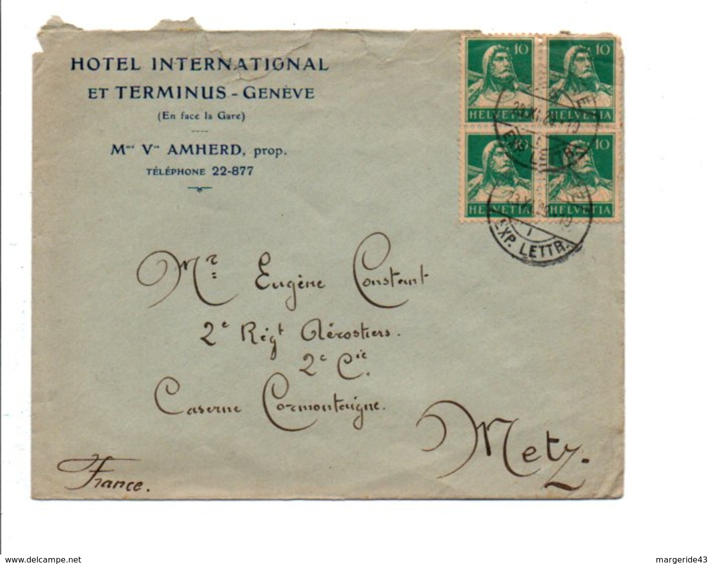 SUISSE AFFRANCHISSEMENT COMPOSE SUR LETTRE A EN TETE D'HOTEL DE GENEVE POUR LA FRANCE 1929 - Lettres & Documents