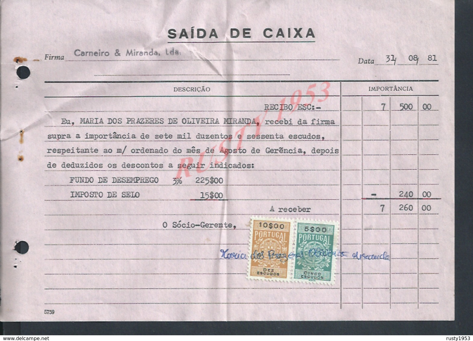 DOCUMENT 1981SAIDA DE CAIXA  SUR TIMBRES FISCAUX DU PORTUGAL : - Lettres & Documents