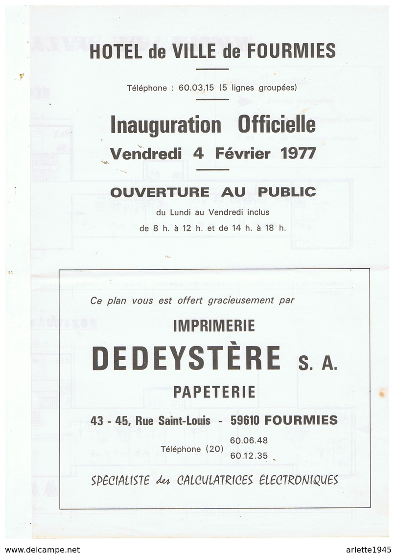 HOTEL DE VILLE DE FOURMIES (NORD)  INAUGURATION OFFICIEL VENDREDI 4 FEVRIER 1977 - Pubblicitari