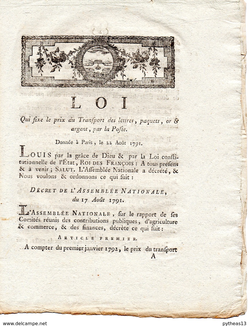 LOI Qui Fixe Le Prix Du Transport Des LETTRES, Paquets... Par La POSTE Du 22 Août 1791 - Wetten & Decreten