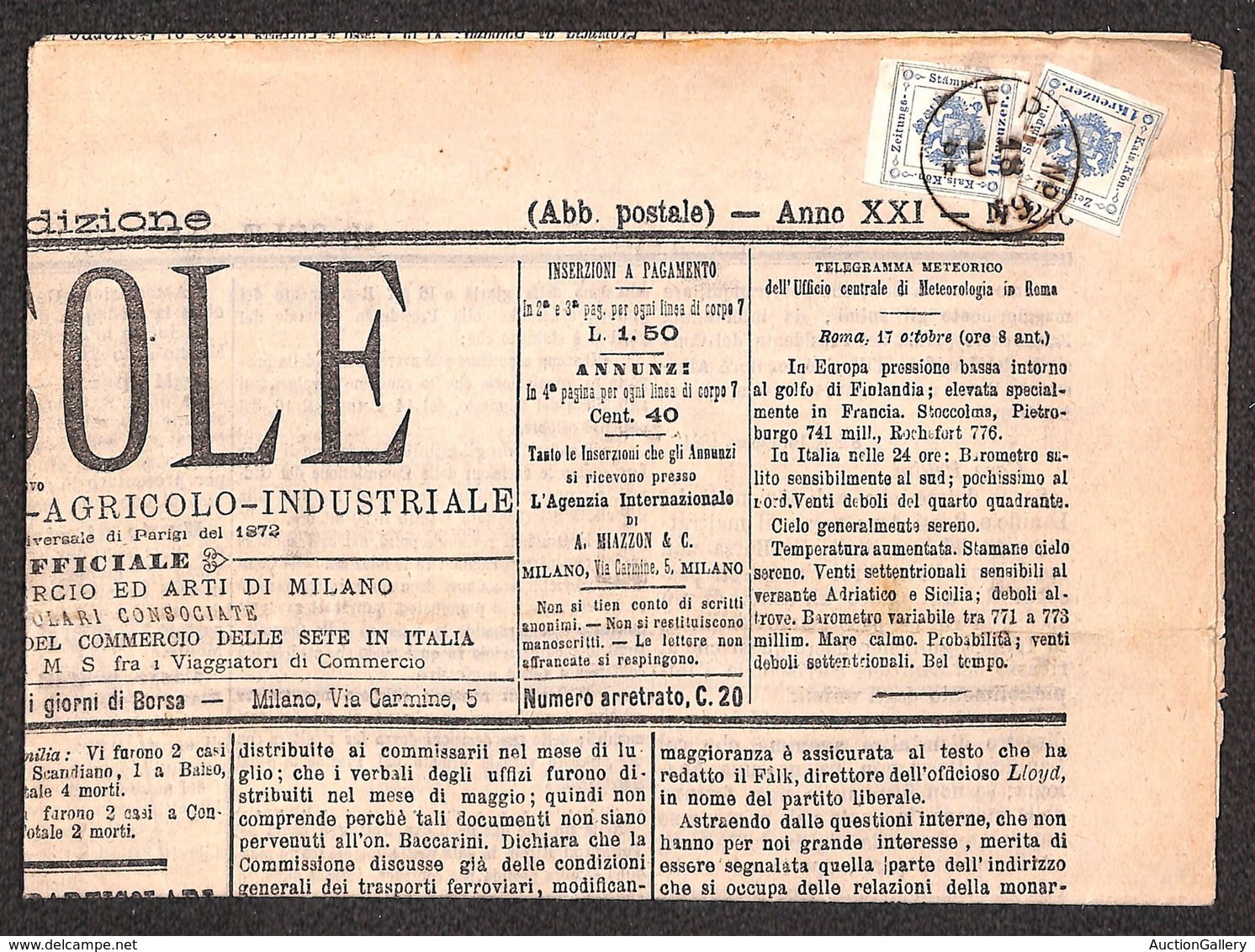 ANTICHI STATI - TERRITORI ITALIANI D’AUSTRIA - F.P.A. N. 64 (P.ti 6) - Due 1 Kreuzer Segnatasse (4) Su Intero Giornale D - Other & Unclassified