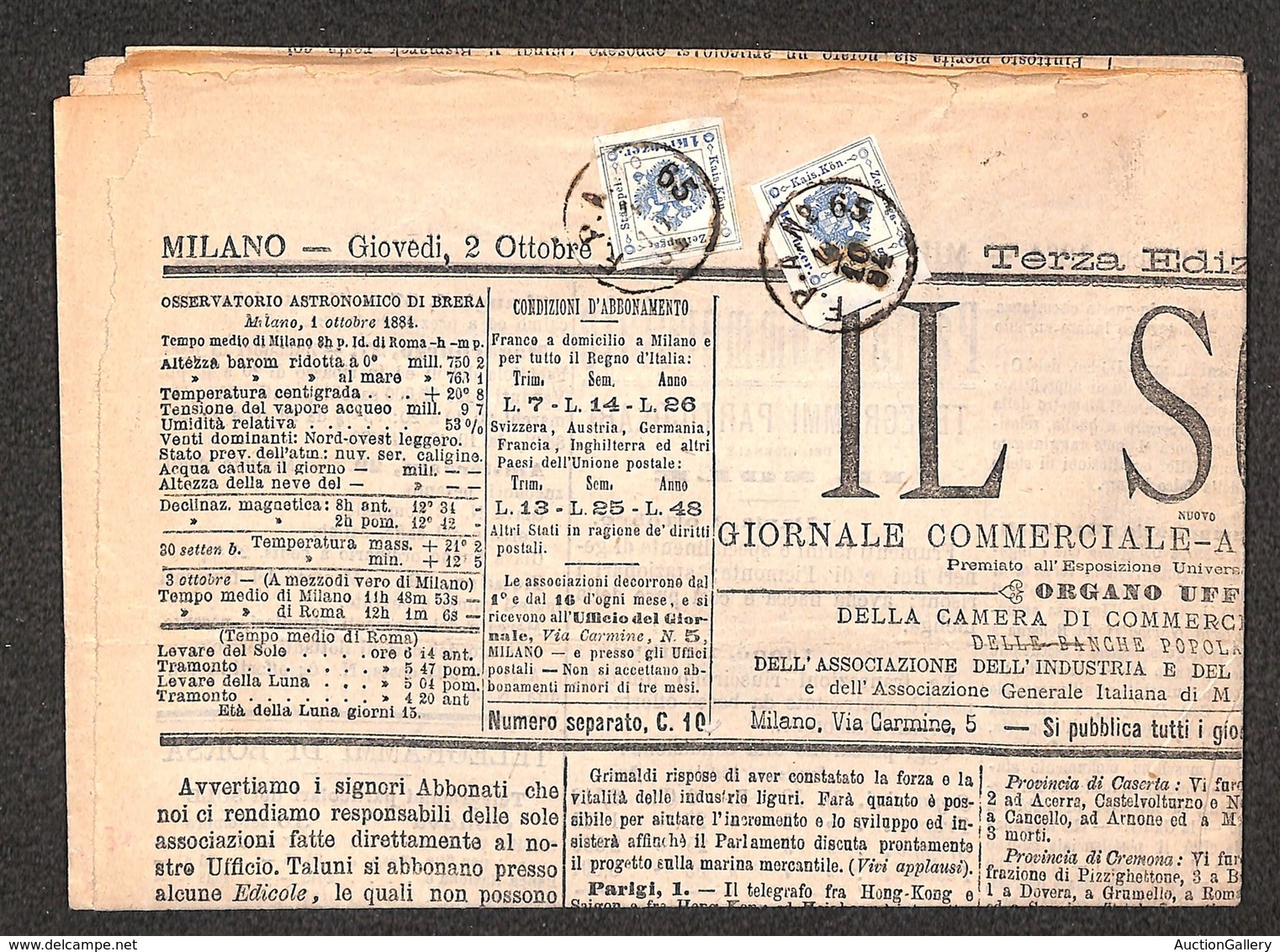 ANTICHI STATI - TERRITORI ITALIANI D’AUSTRIA - F.P.A. N. 65 (P.ti 6) - Due 1 Kreuzer Segnatasse (4) Su Intero Giornale D - Sonstige & Ohne Zuordnung