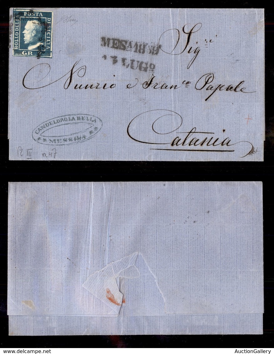 ANTICHI STATI - SICILIA - 2 Grana Azzurro Verdastro - (8b-pos. 47) - Lettera Da Messina A Catania Del 13.7.59 - Oliva (1 - Autres & Non Classés