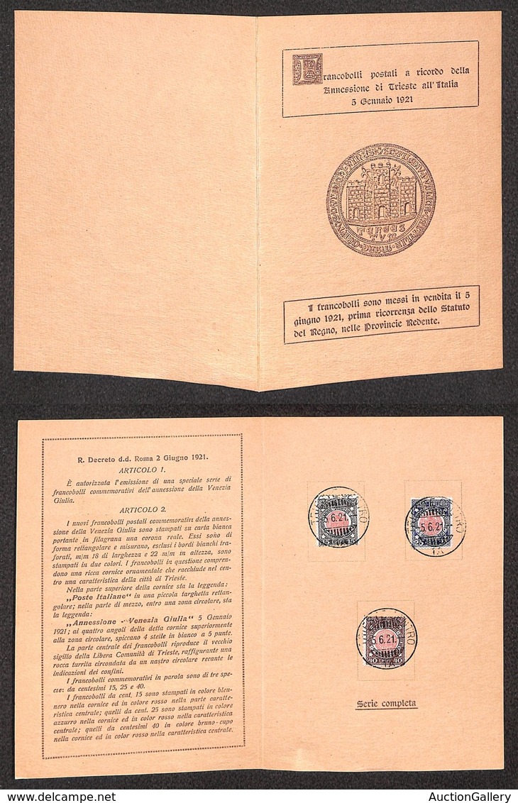 REGNO D'ITALIA - REGNO - 1921 - Venezia Giulia (113/115) - Serie Completa Su Folder Dell’emissione Con Annulli Del Primo - Other & Unclassified