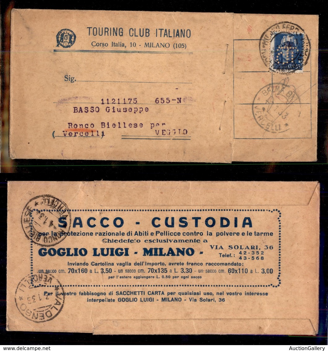 REGNO D'ITALIA - REGNO - Perfin Touring Club Italiano (CTI) - 35 Cent (250) Su Busta Speciale Da Milano A Veggio Del 29. - Autres & Non Classés