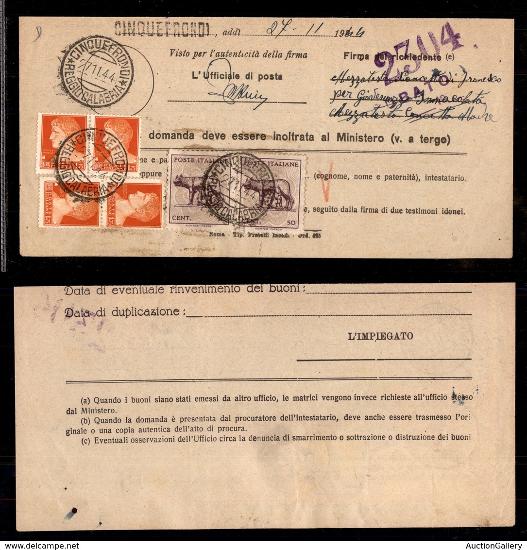 REGNO D'ITALIA - REGNO - Buoni Fruttiferi Postali - Due Coppie Del 1,75 Lire Imperiale (254) + Coppia Del 50 Cent Lupa ( - Autres & Non Classés