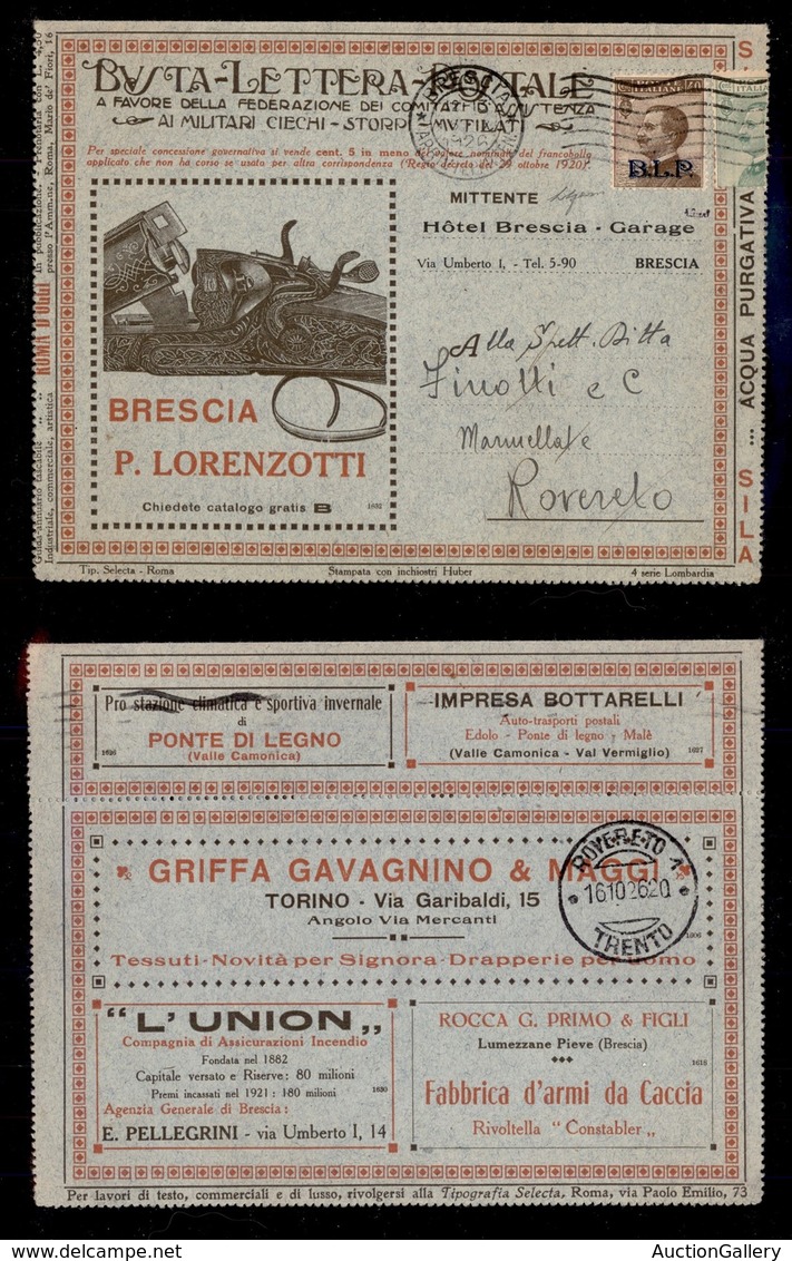 REGNO D'ITALIA - REGNO - BLP - 40 Cent (9) Su Busta Speciale (4 Lombardia) Da Brescia A Rovereto Del 16.10.26 - Compleme - Andere & Zonder Classificatie