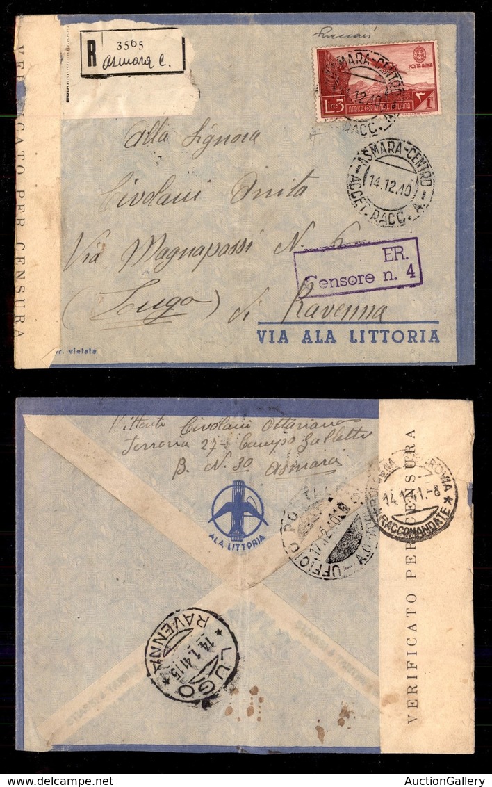 COLONIE - AOI - 3 Lire (8-Aerea) Isolato Su Raccomandata Da Asmara A Ravenna Del 14.12.40 - Vaccari - Italienisch Ost-Afrika