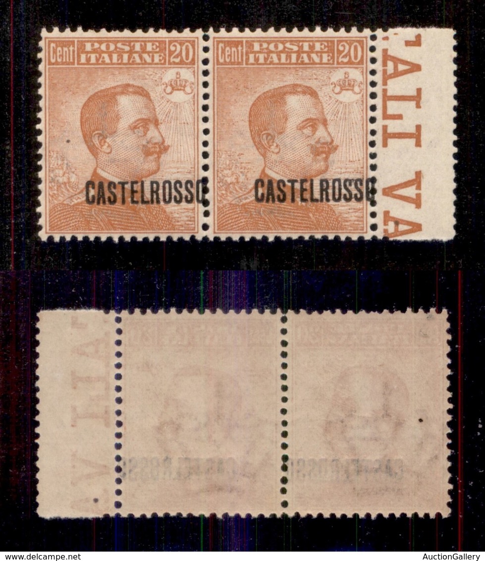 COLONIE - CASTELROSSO - 1922 - 20 Cent (4dab) Coppia Orizzontale Bordo Foglio Con Soprastampa Spostata A Destra E Obliqu - Autres & Non Classés