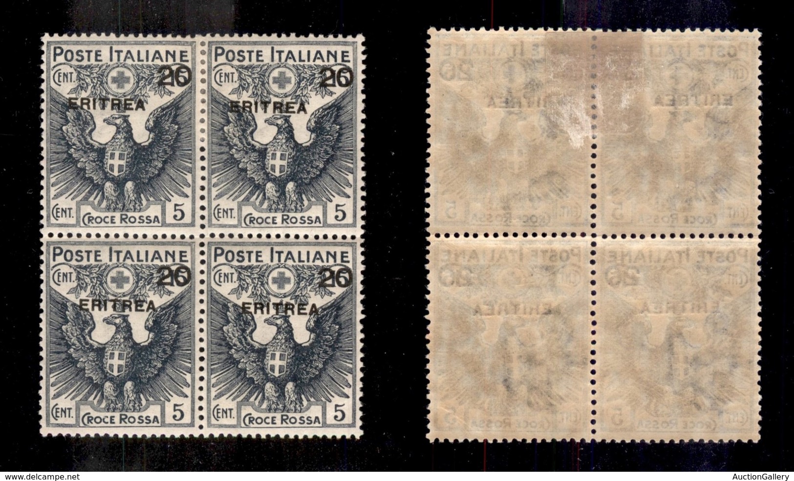 COLONIE - ERITREA - 1916 - 20 Cent Su 15 Cent Croce Rossa (43) In Quartina - Gomma Originale + Due Gomma Integra (430+) - Autres & Non Classés