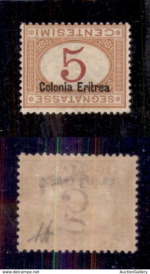 COLONIE - ERITREA - 1920 - Segnatasse - 5 Cent (14a) - Soprastampa E Cifra Capovolte - Gomma Originale - Diena + Cert. A - Autres & Non Classés