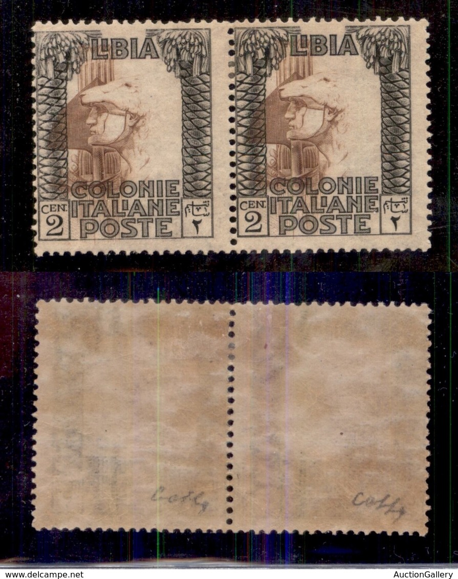 COLONIE - LIBIA - 1921 - 2 Cent (22g) - Coppia Orizzontale Con Centro Spostato - Gomma Originale - Cert. Colla (500) - Autres & Non Classés